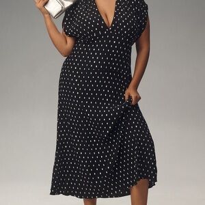 Anthropologie Black and White Ruched Wrap Midi Dress